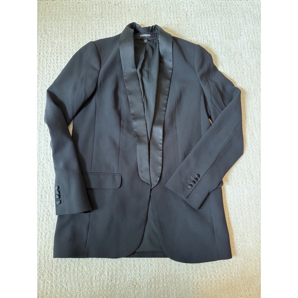 Express Tuxedo Blazer Womens Size Small Black Satin Shawl Collar Open Front